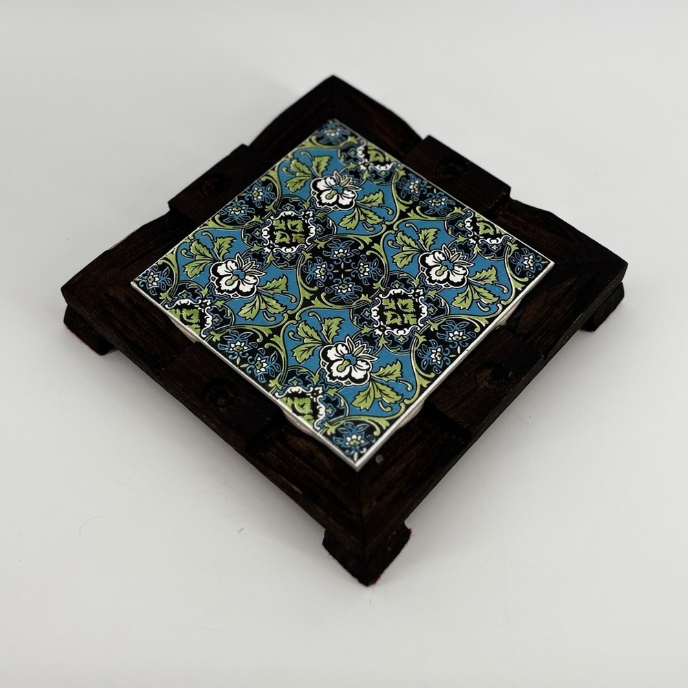 Mexican Talavera Tile Trivet‎ Wood Frame Vintage Blue Green Decor Daltile Footed